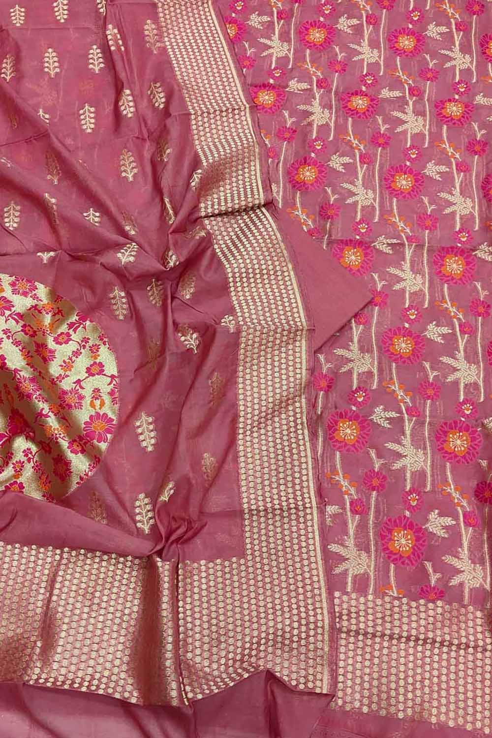 Maroon Banarasi Semi Cotton Three Piece Unstitched Suit Set
