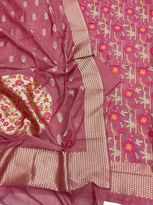 Maroon Banarasi Semi Cotton Three Piece Unstitched Suit Set