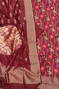 Maroon Banarasi Semi Cotton Three Piece Unstitched Suit Set