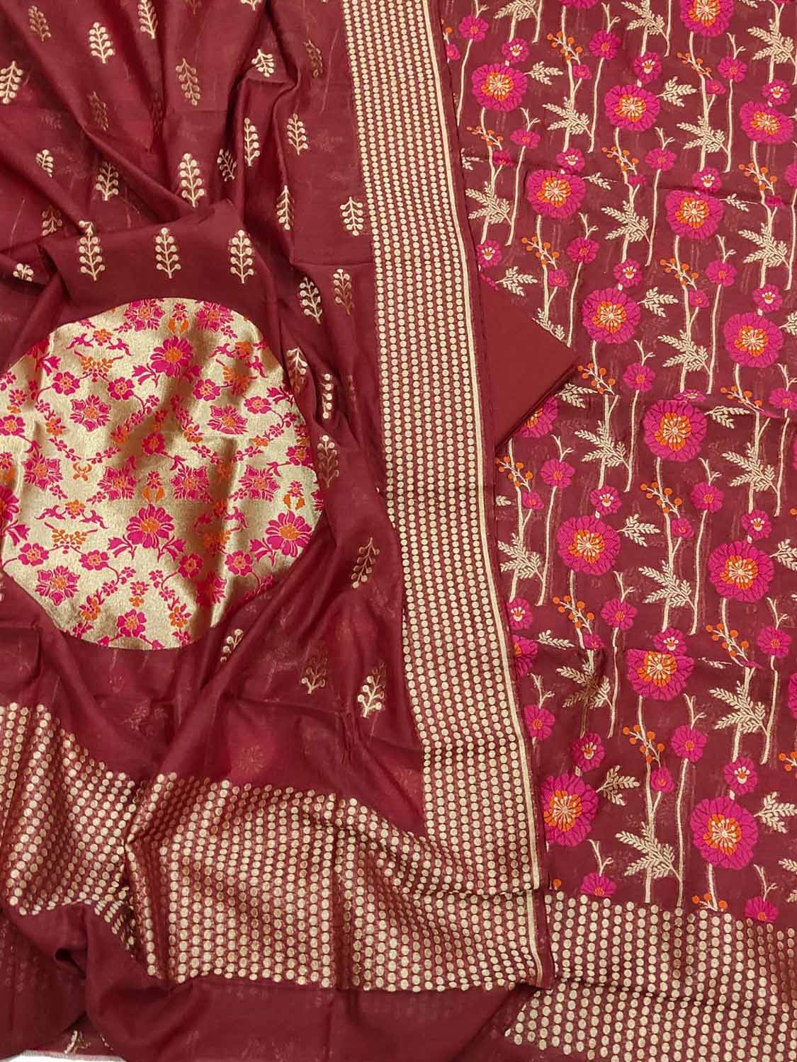 Maroon Banarasi Semi Cotton Three Piece Unstitched Suit Set