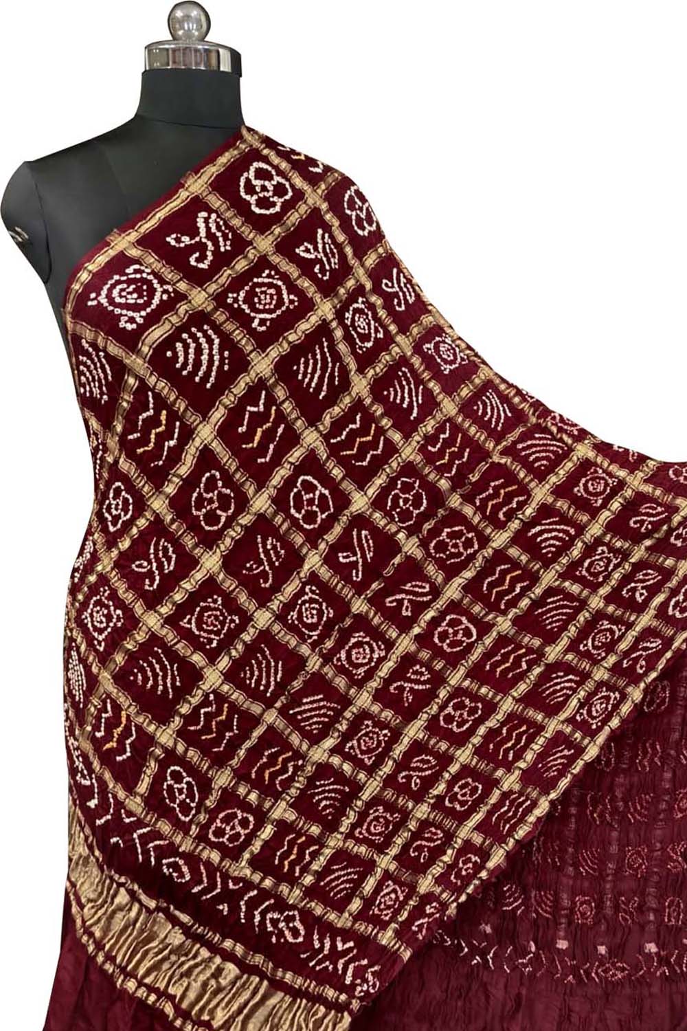 Maroon Bandhani Gajji Silk Checks Design Dupatta