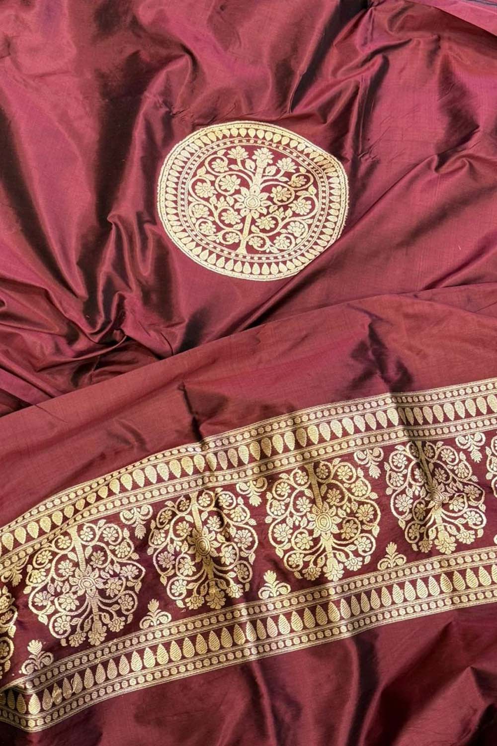 Maroon Banarasi Handloom Pure Katan Silk Cordset — Gold Zari Booti, Bridal