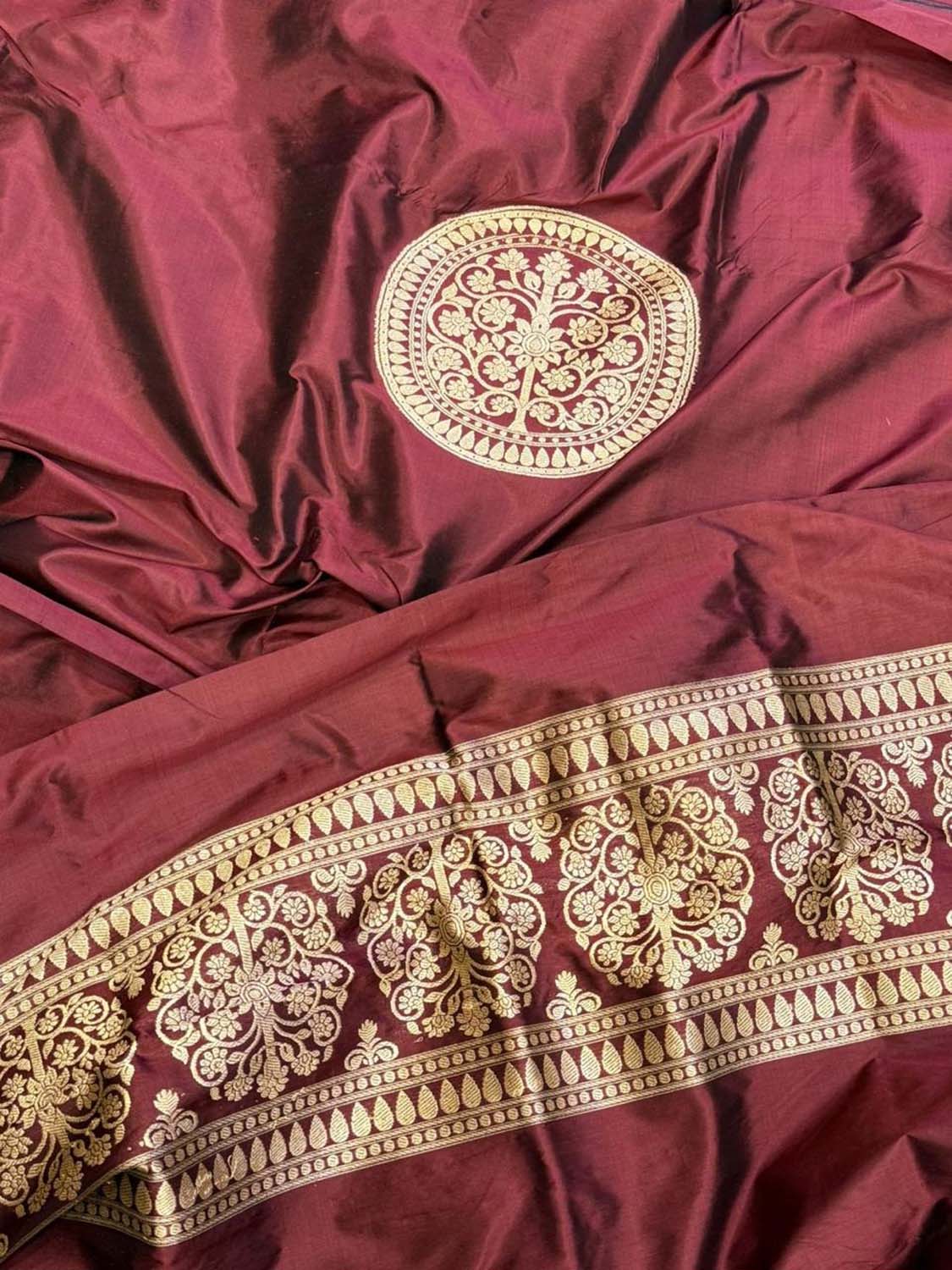 Maroon Banarasi Handloom Pure Katan Silk Cordset — Gold Zari Booti, Bridal