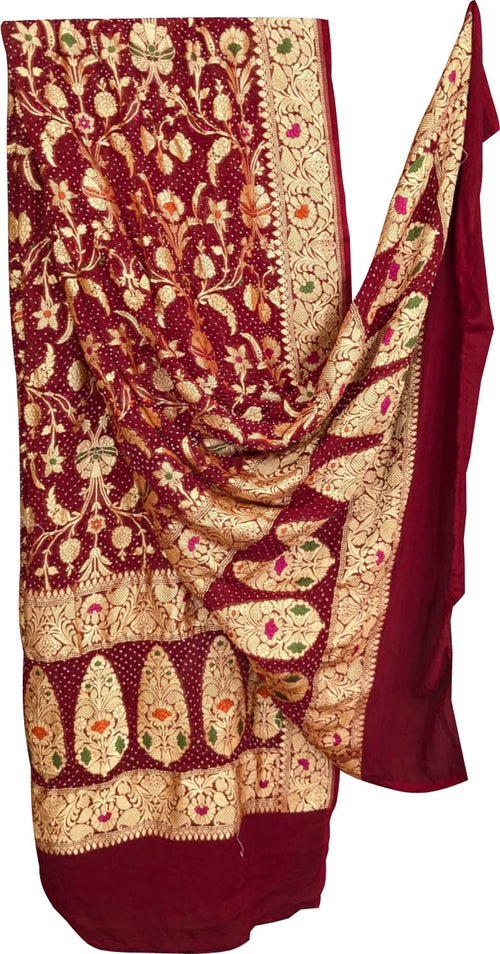 Maroon Pure Georgette Bandhani Neem Zari Dupatta