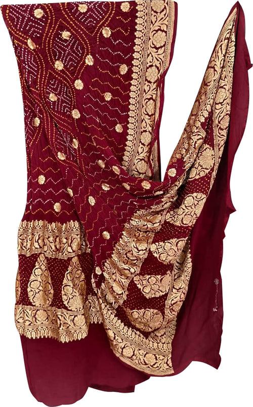 Maroon Pure Georgette Bandhani Rai Bandhej Dupatta