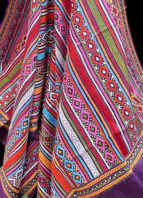 Purple Intricate Hand Embroidered Kantha Pure Bangalore Silk Dupatta - Luxurion World