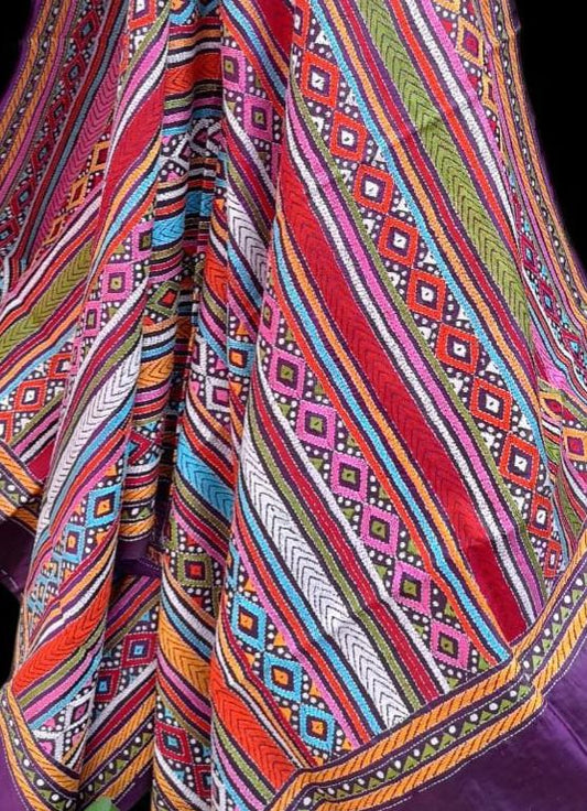 Purple Intricate Hand Embroidered Kantha Pure Bangalore Silk Dupatta - Luxurion World