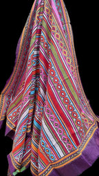 Purple Intricate Hand Embroidered Kantha Pure Bangalore Silk Dupatta - Luxurion World