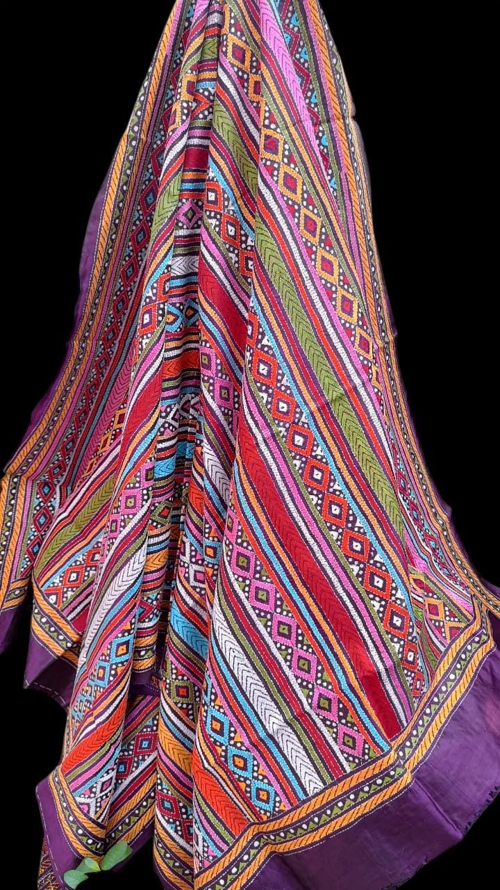 Purple Intricate Hand Embroidered Kantha Pure Bangalore Silk Dupatta - Luxurion World