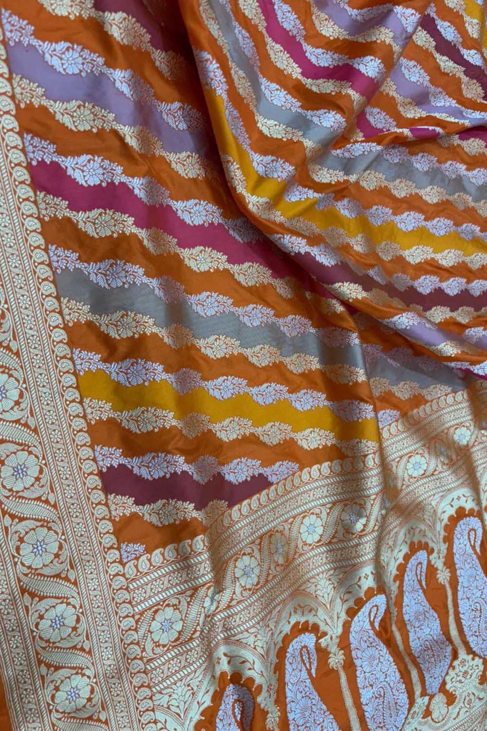 Multicolor Banarasi Katan Silk Saree Rangkat Bridal Handloom