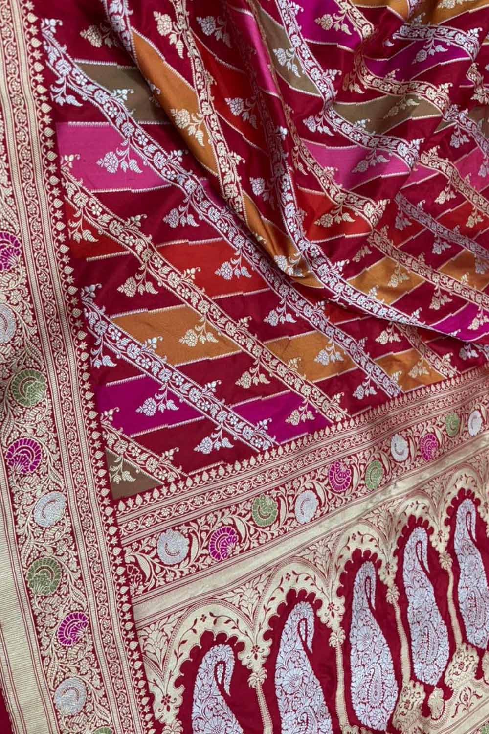 Multicolor Banarasi Katan Silk Saree Rangkat Puja Handloom