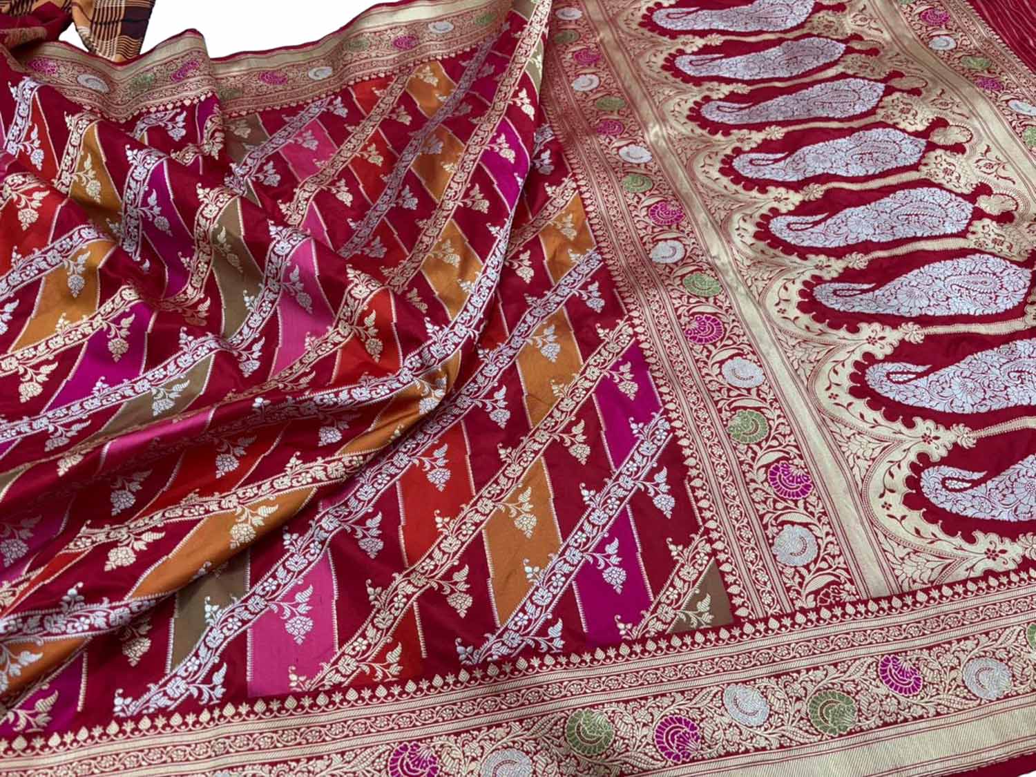 Multicolor Banarasi Katan Silk Saree Rangkat Puja Handloom