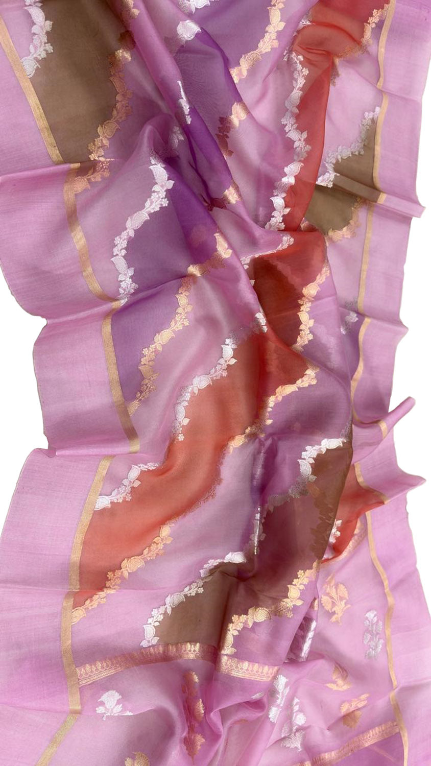 Multicolor Handloom Banarasi Pure Kora Organza Silk Sona Roopa Flower Design Saree