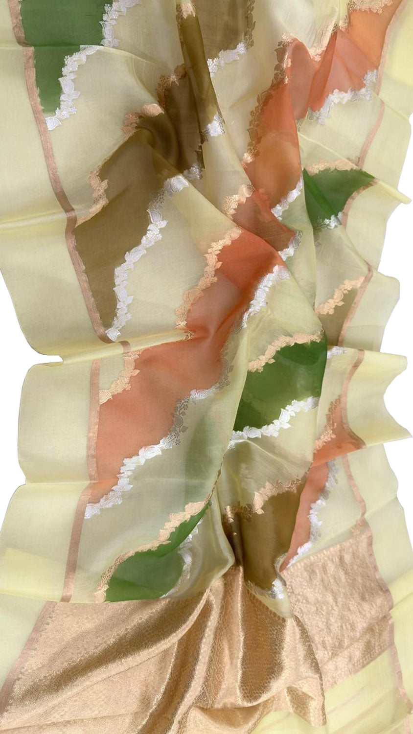 Multicolor Handloom Banarasi Pure Kora Organza Silk Sona Roopa Flower Design Saree