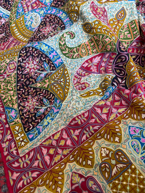 Multicolor Kashmiri Pashmina Stole—Vintage Buta Needle Work, Festive & Ethnic Wear