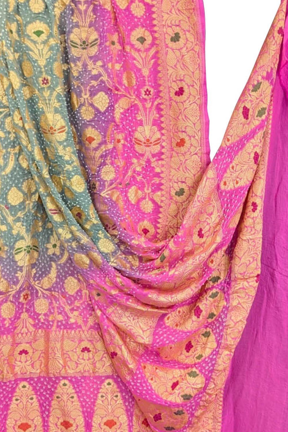 Multicolor Pure Georgette Bandhani Neem Zari Dupatta