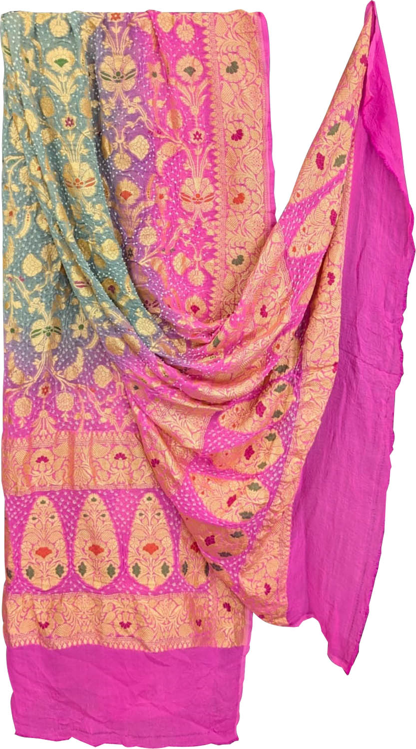 Multicolor Pure Georgette Bandhani Neem Zari Dupatta