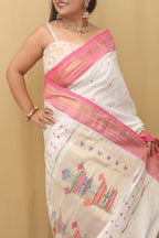 Off White Handloom Paithani Pure Cotton Saree - Luxurion World