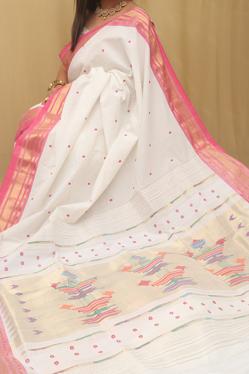 Off White Handloom Paithani Pure Cotton Saree - Luxurion World