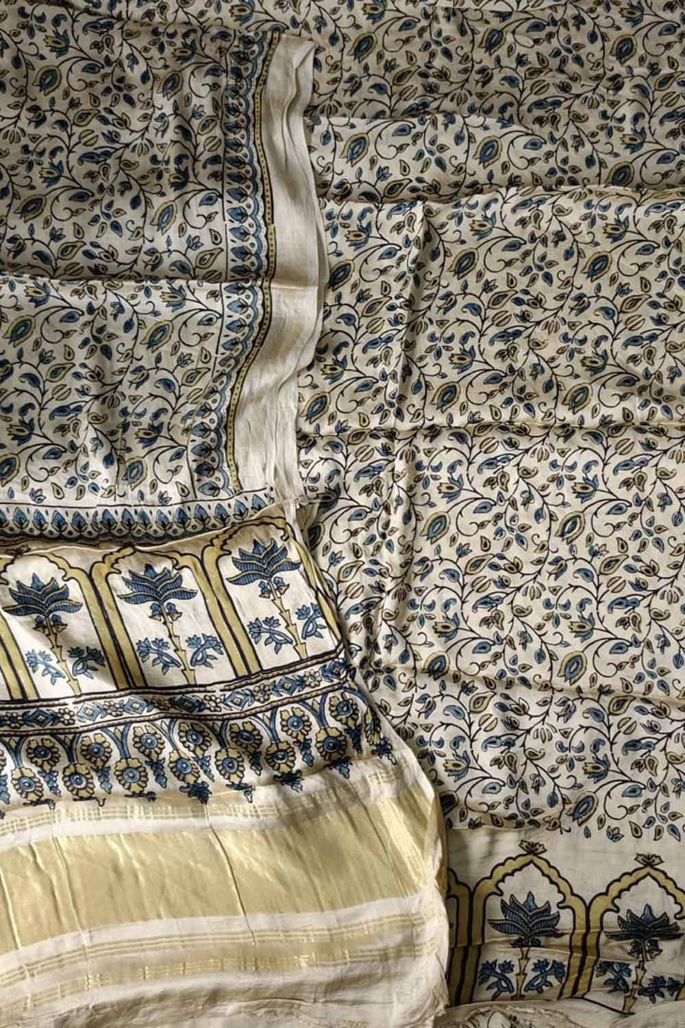 Off White Ajrakh Block Printed Modal Silk Unstitched Suit Set