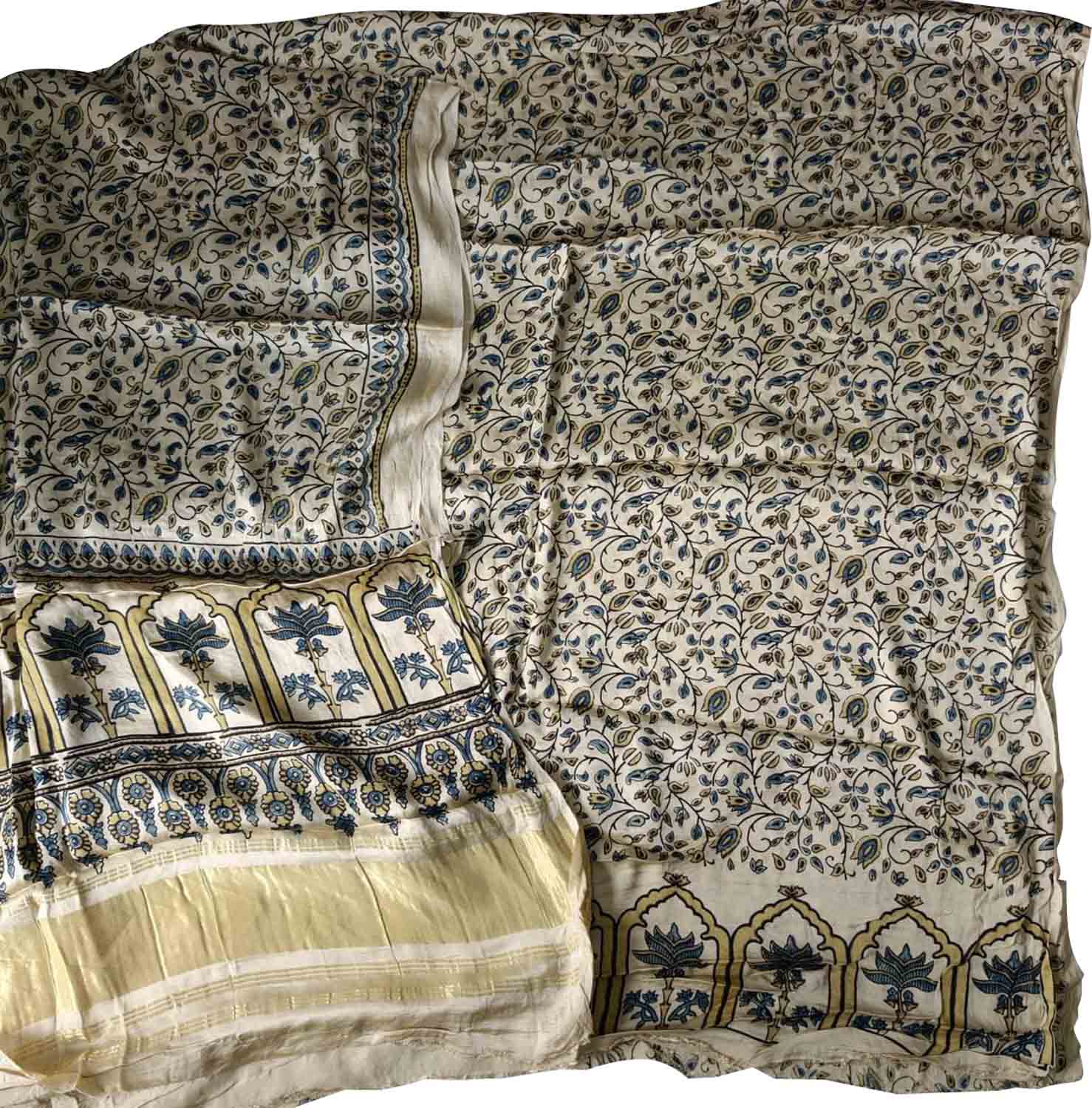 Off White Ajrakh Block Printed Modal Silk Unstitched Suit Set