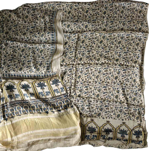 Off White Ajrakh Block Printed Modal Silk Unstitched Suit Set