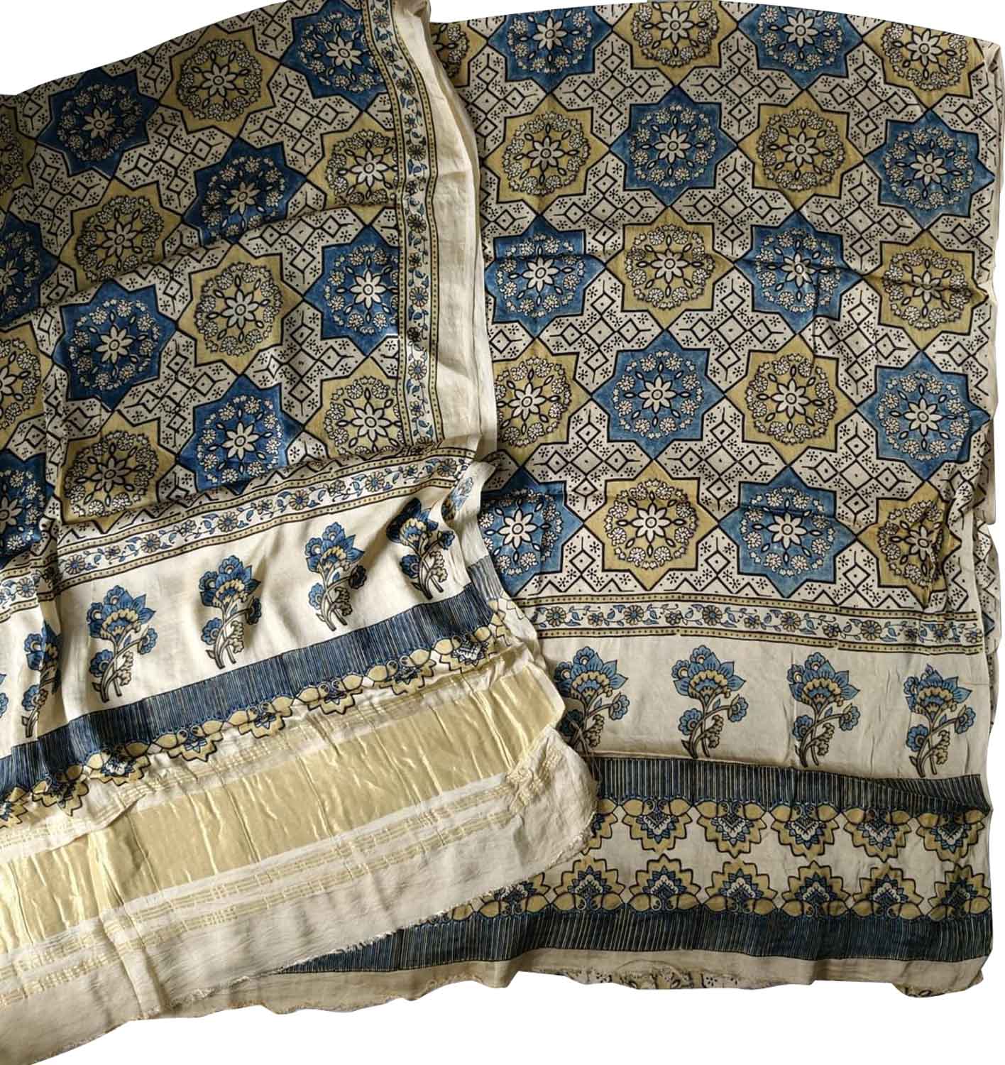Off White Ajrakh Block Printed Modal Silk Unstitched Suit Set