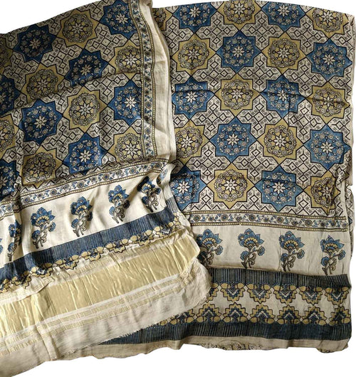 Off White Ajrakh Block Printed Modal Silk Two Piece Unstitched Suit Set