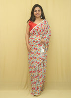 Off White Digital Printed Georgette Floral Design Saree - Luxurion World