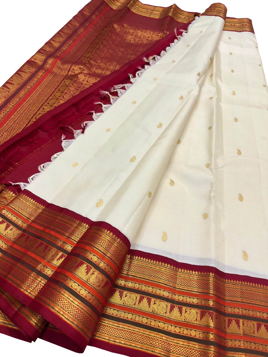 Off White Handloom Kanjeevaram Pure Silk Saree