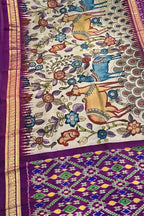 Off White Kalamkari Hand Painted Ikat Kanjeevaram Pure Silk Saree