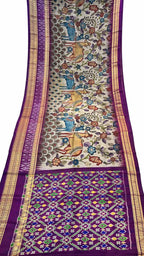 Off White Kalamkari Hand Painted Ikat Kanjeevaram Pure Silk Saree