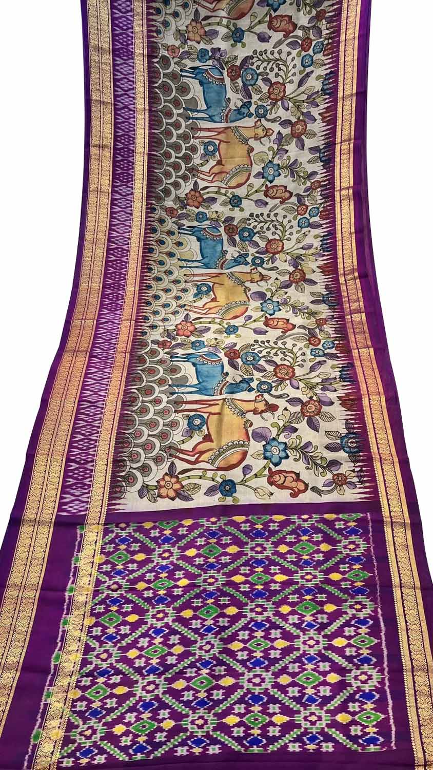 Off White Kalamkari Hand Painted Ikat Kanjeevaram Pure Silk Saree