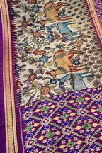 Off White Kalamkari Hand Painted Ikat Kanjeevaram Pure Silk Saree