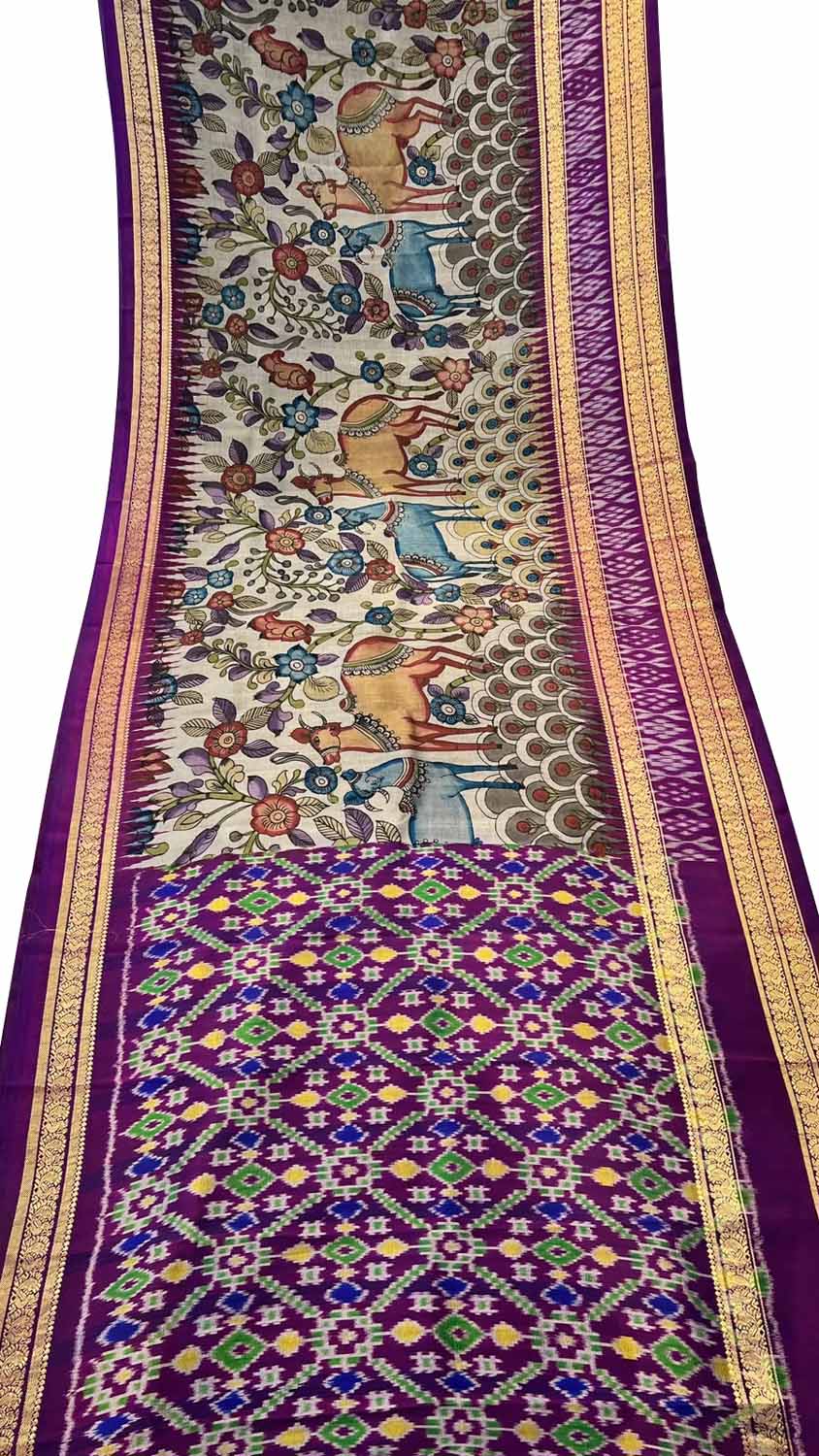Off White Kalamkari Hand Painted Ikat Kanjeevaram Pure Silk Saree