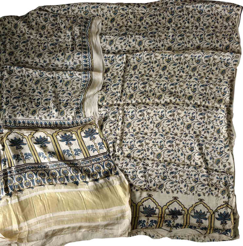 Off White Modal Silk Ajrakh Block Print 3 Piece Suit Set