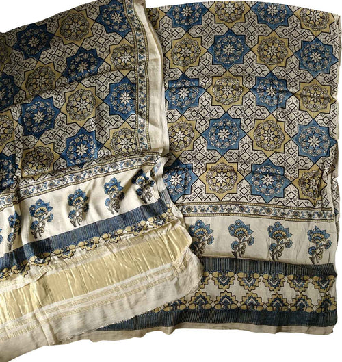 Off White Modal Silk Ajrakh Block Print 3 Piece Suit Set