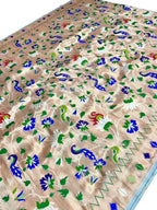Off White Paithani Silk Peacock & Flower Design Fabric