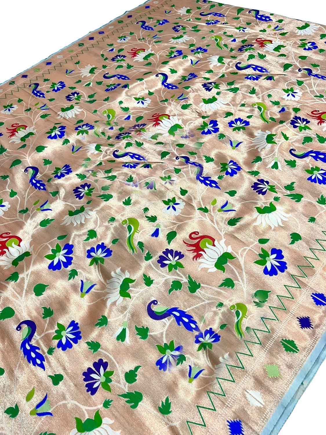 Off White Paithani Silk Peacock & Flower Design Fabric
