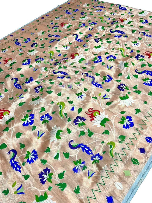 Off White Paithani Silk Peacock & Flower Design Fabric