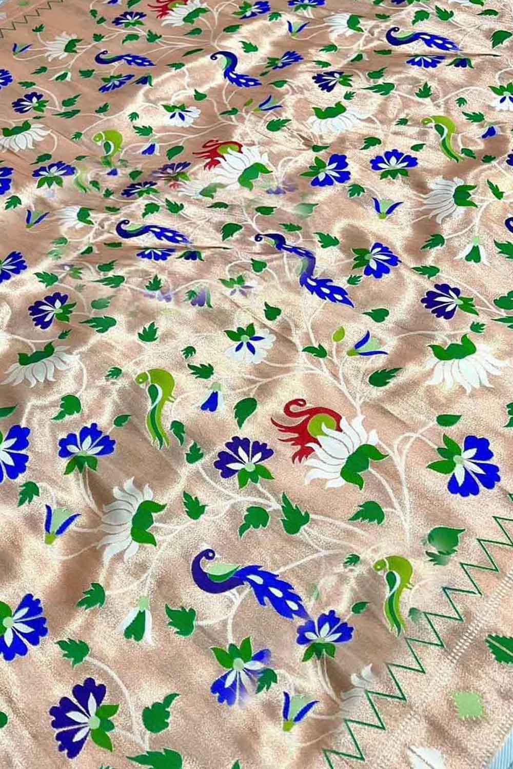 Off White Paithani Silk Peacock & Flower Design Fabric