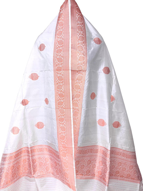 Off White Pure Katan Silk Banarasi Handloom Booti Design Handloom Dupatta