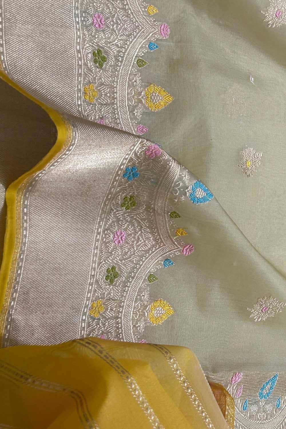 Off White Pure Kora Tissue Banarasi Handloom Meenakari Weaved Saree