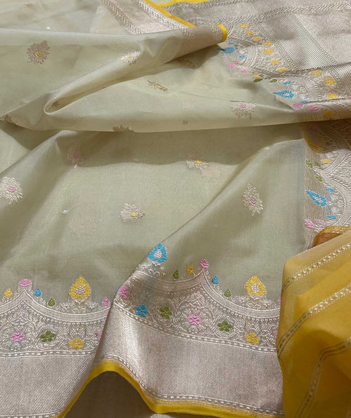 Off White Banarasi Pure Kora Tissue Handloom Saree Meenakari