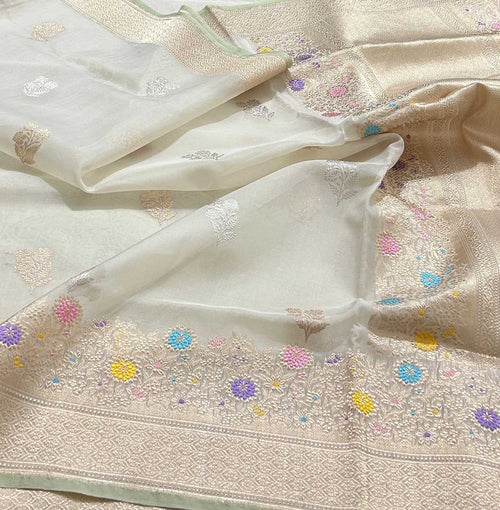 Off White Banarasi Pure Kora Tissue Handloom Saree Meenakari