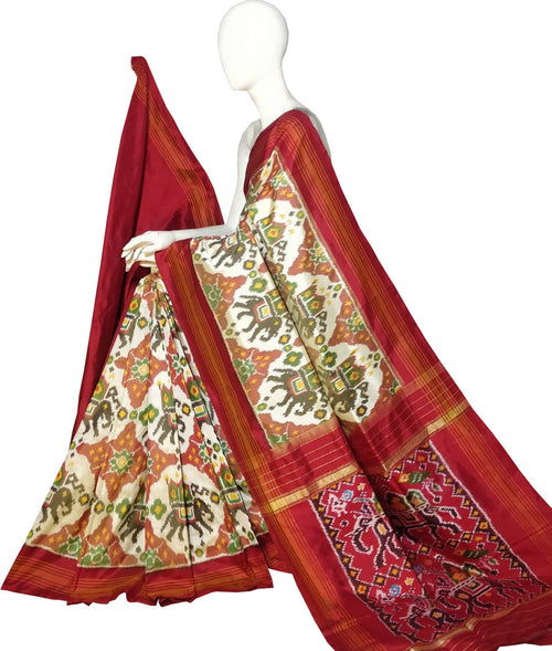 Off White Pure Silk Pochampalli Ikat Handloom Saree