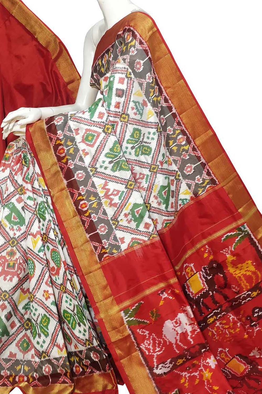 Off White Pure Silk Pochampalli Ikat Handloom Saree