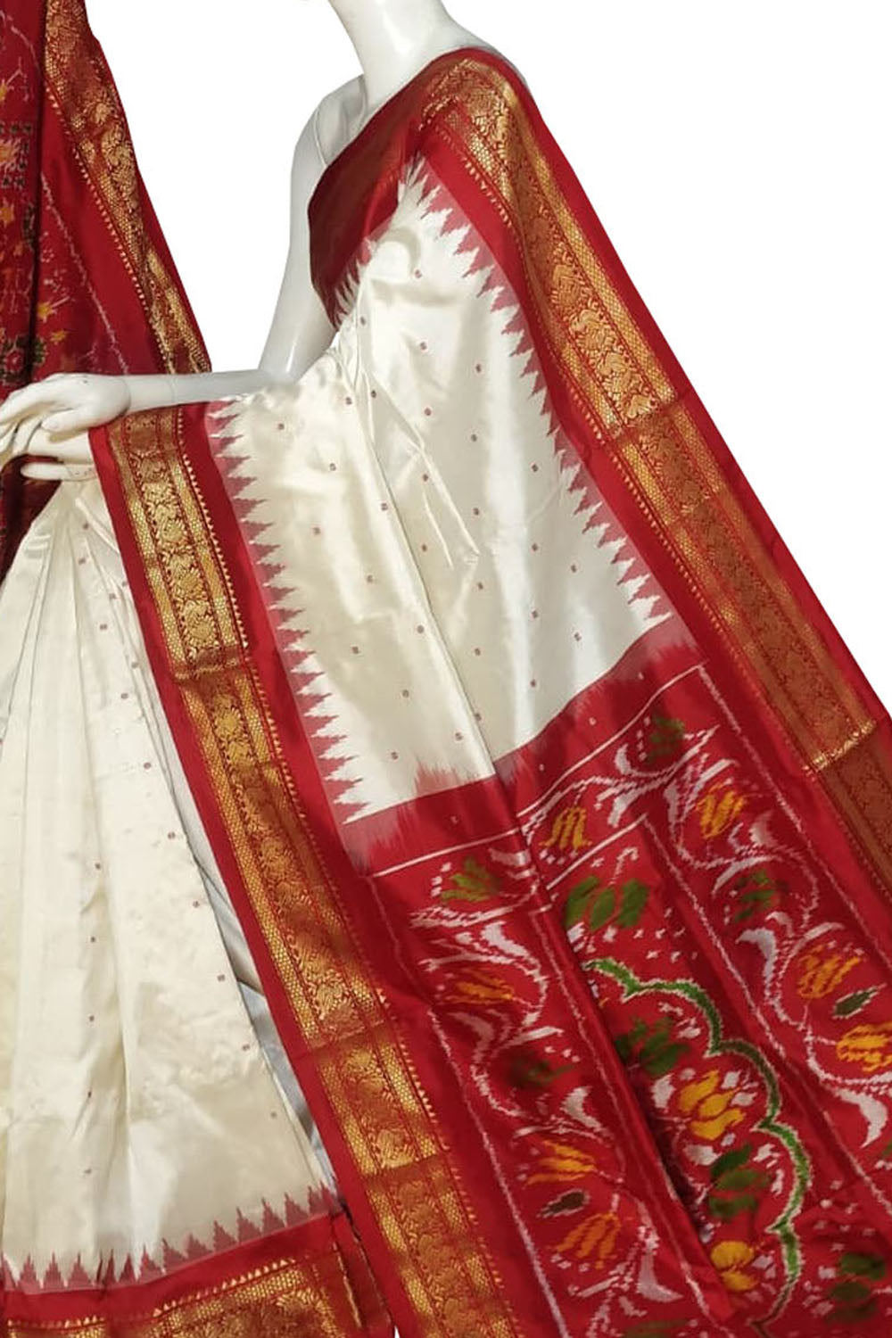 Off White Pure Silk Pochampalli Ikat Handloom Saree