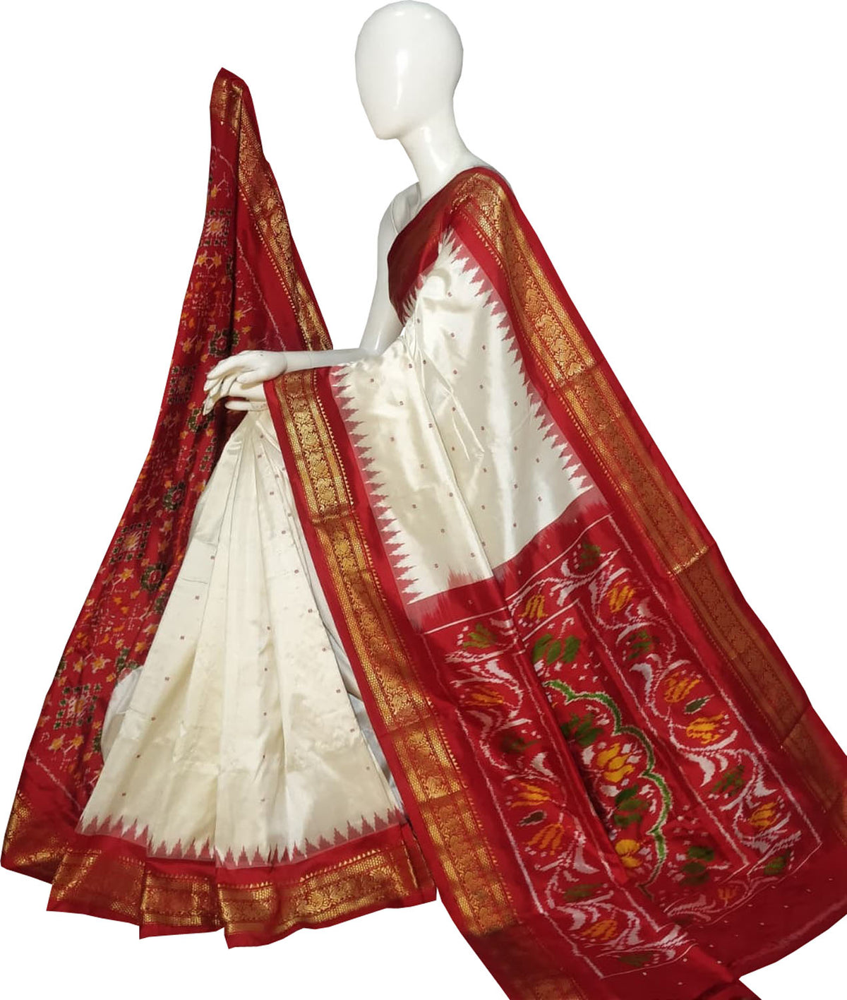 Off White Pure Silk Pochampalli Ikat Handloom Saree