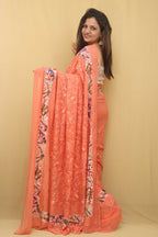 Orange Hand Embroidered Parsi Gara Pure Georgette with French Knot Work Saree - Luxurion World
